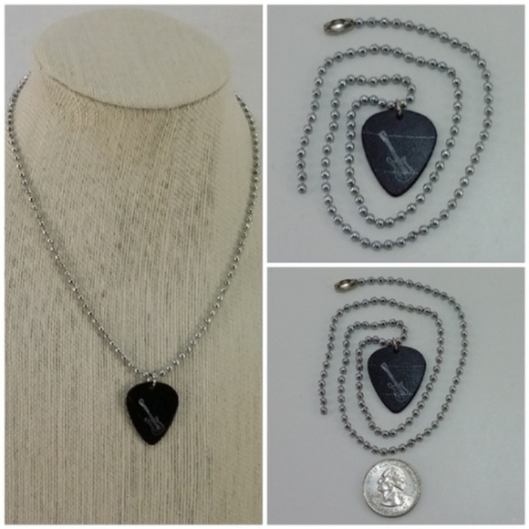 Guitar Pick Faux Silvertone Accent Pendant Necklac - Picture 3 of 8